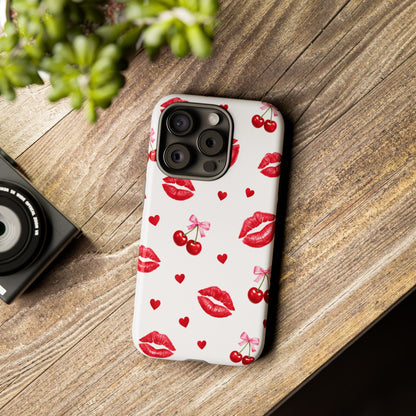 Red Lips & Cherry Phone Case – Y2K Retro Aesthetic Tough Cover