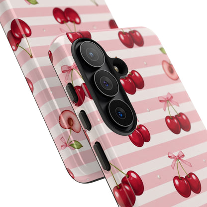 Coquette Cherry Bow Phone Case | Cute Pink Aesthetic Cherry Pattern Tough Case for iPhone & Samsung