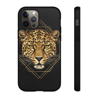 Leopard Head Geometric Phone Case – Black & Gold Luxe Tough Case
