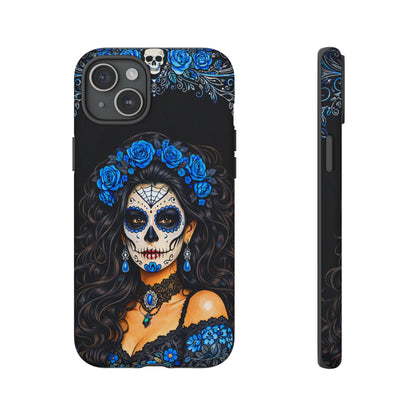 Blue Sugar Skull Woman Phone Case – Day of the Dead Aesthetic Tough Cover