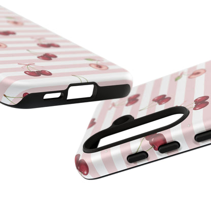 Pink Cherry Stripe Phone Case | Cute Coquette Aesthetic Protective Tough Case