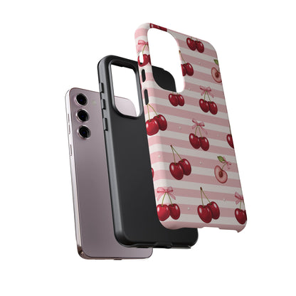 Coquette Cherry Bow Phone Case | Cute Pink Aesthetic Cherry Pattern Tough Case for iPhone & Samsung