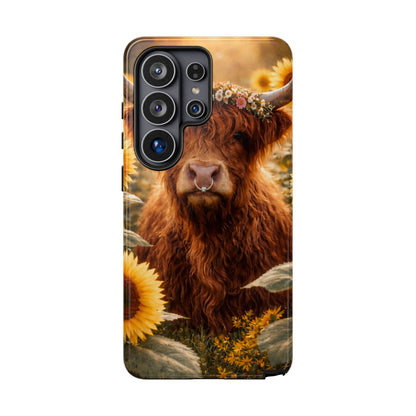 Highland Cow Sunflower Phone Case | Floral Farmhouse iPhone, Samsung Galaxy and Pixel Cover