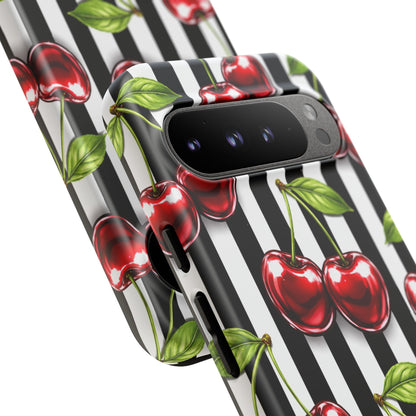 Cherry Pattern Phone Case Black White Stripe Retro Aesthetic Tough Cover