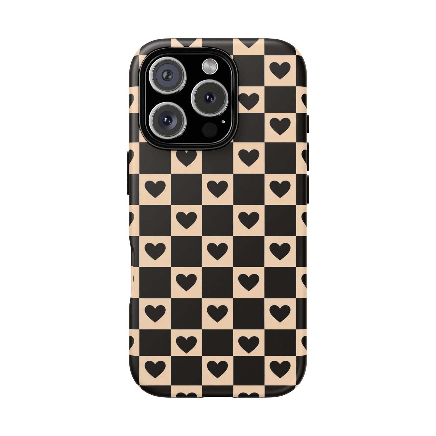 Checkerboard Heart Phone Case – Black & Beige Cute Aesthetic Protective Cover for Iphone, Samsung Galaxy and Pixel