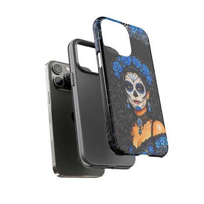 Blue Sugar Skull Woman Phone Case – Day of the Dead Aesthetic Tough Cover