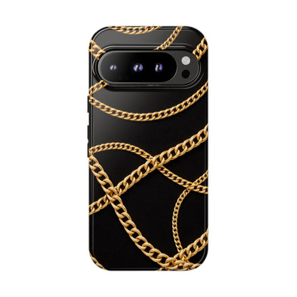 Luxury Gold Chain Phone Case – Black Designer Style Tough Protective Cover for Iphone, Samsung Galaxy and Pixel
