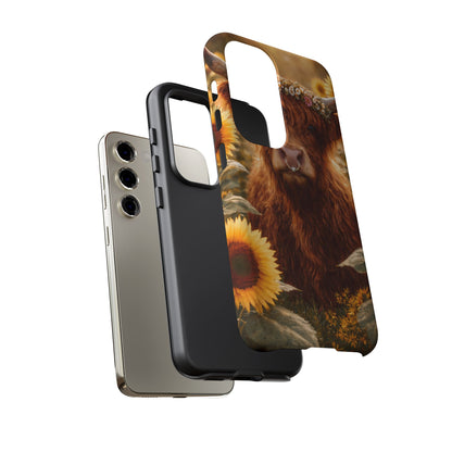 Highland Cow Sunflower Phone Case | Floral Farmhouse iPhone, Samsung Galaxy and Pixel Cover