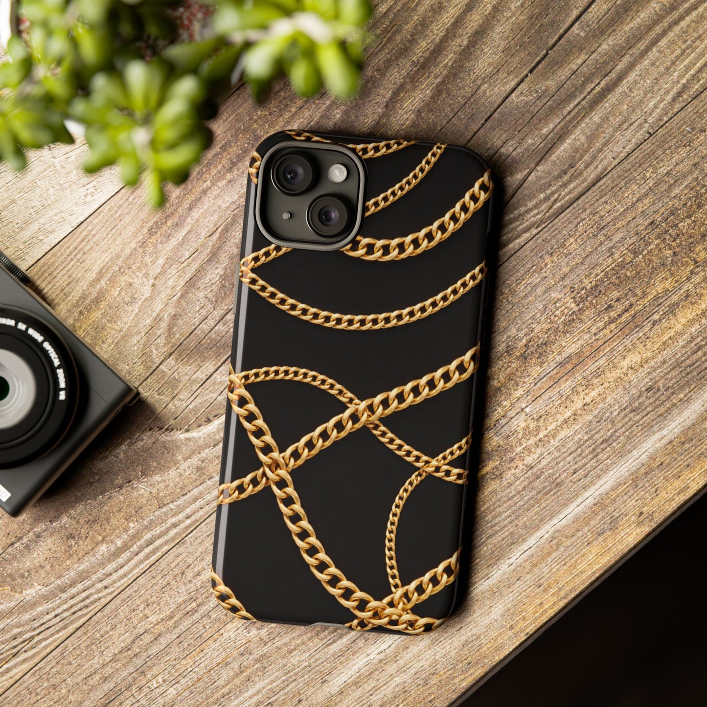 Luxury Gold Chain Phone Case – Black Designer Style Tough Protective Cover for Iphone, Samsung Galaxy and Pixel