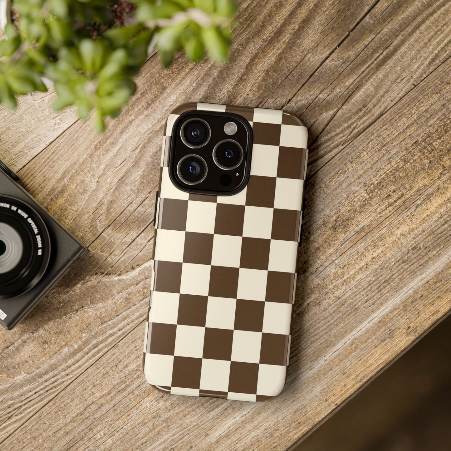 Mocha Checkerboard Phone Case | Neutral Aesthetic Checkered iPhone & Samsung Tough Case