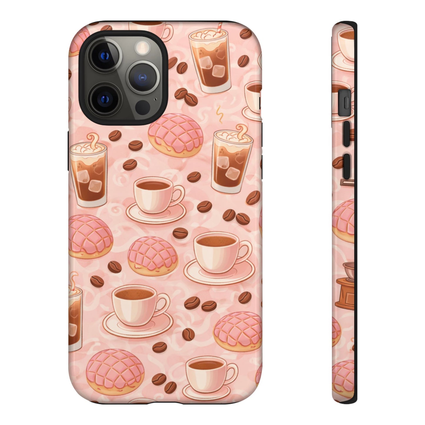 Cute Coffee & Pink Concha Phone Case – Coffee Lover Aesthetic Latte Pattern Tough Case