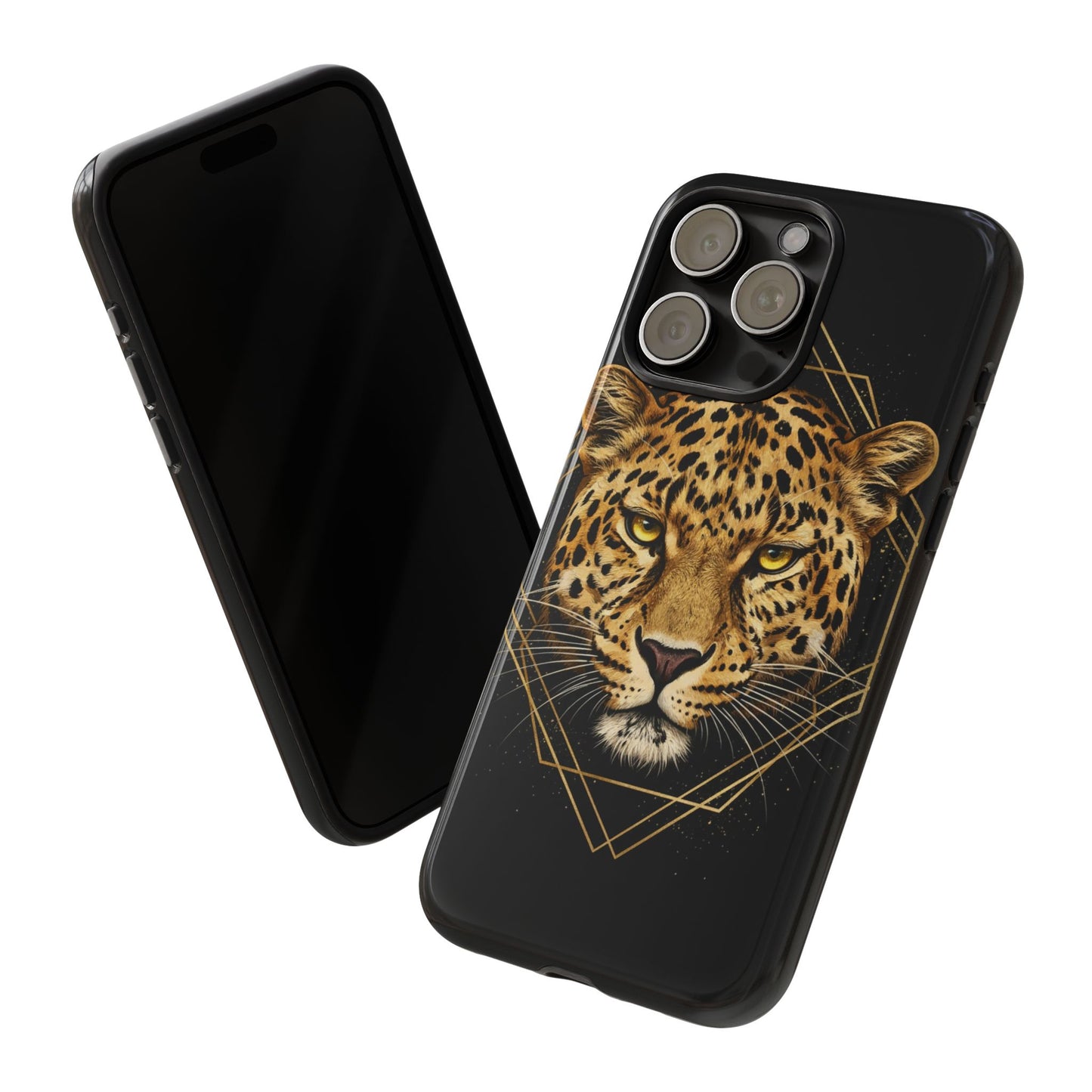 Leopard Head Geometric Phone Case – Black & Gold Luxe Tough Case