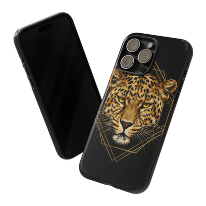 Leopard Head Geometric Phone Case – Black & Gold Luxe Tough Case