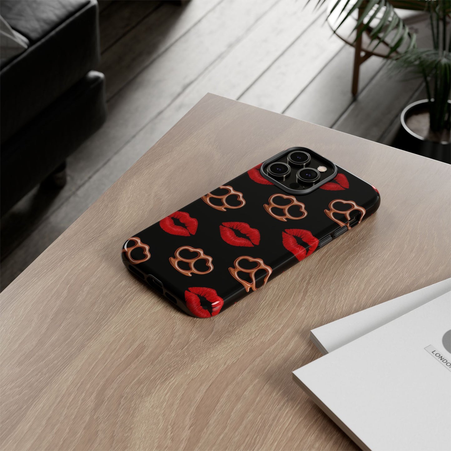 Red Lipstick & Knuckle Duster Phone Case | Bold Kiss Print Tough Protective Cover for Iphone, Samsung Galaxy and Pixel