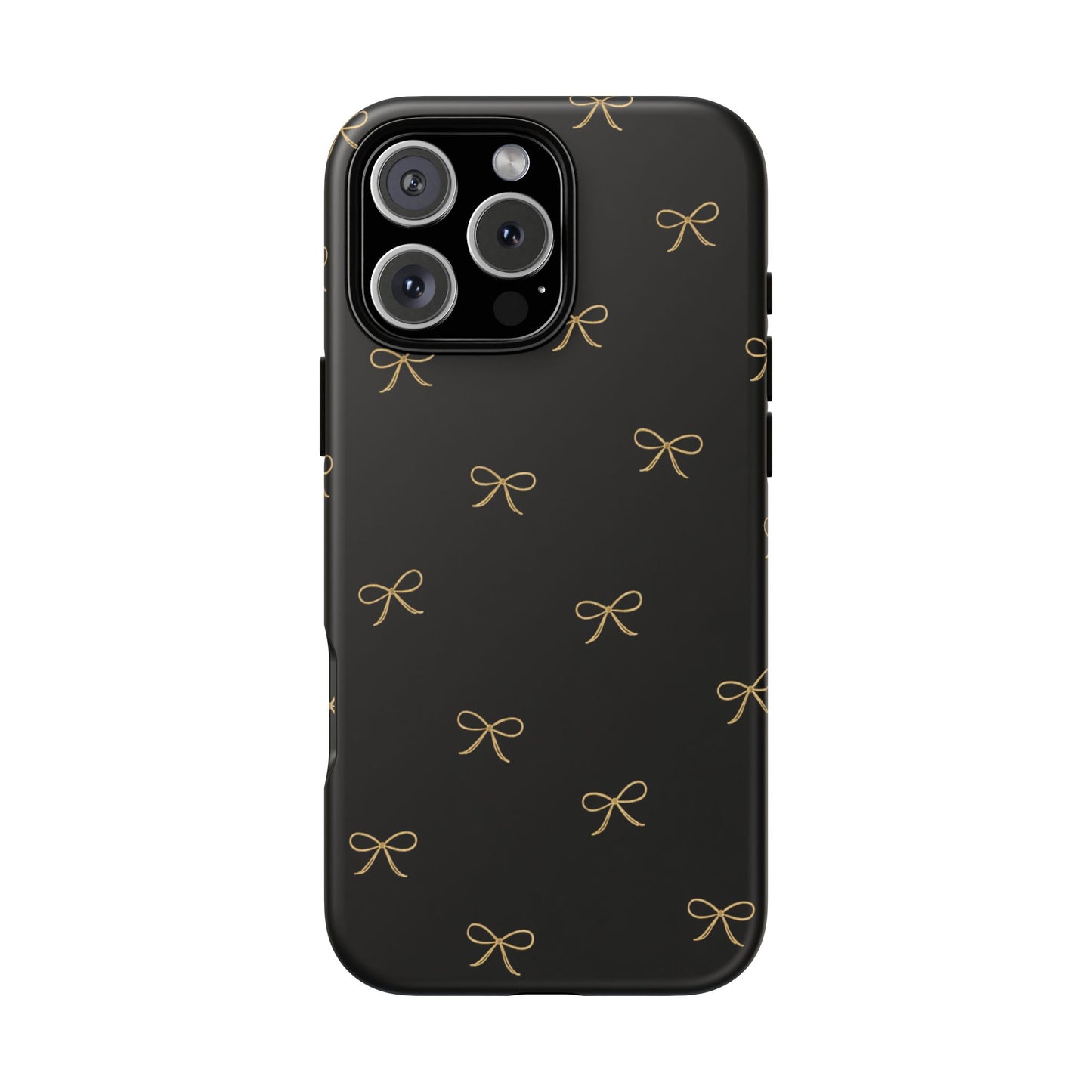 Black Phone Case with Gold Bow Pattern – Slim Protective Cute Aesthetic Cover for Iphone, Samsung Galaxy and Pixel