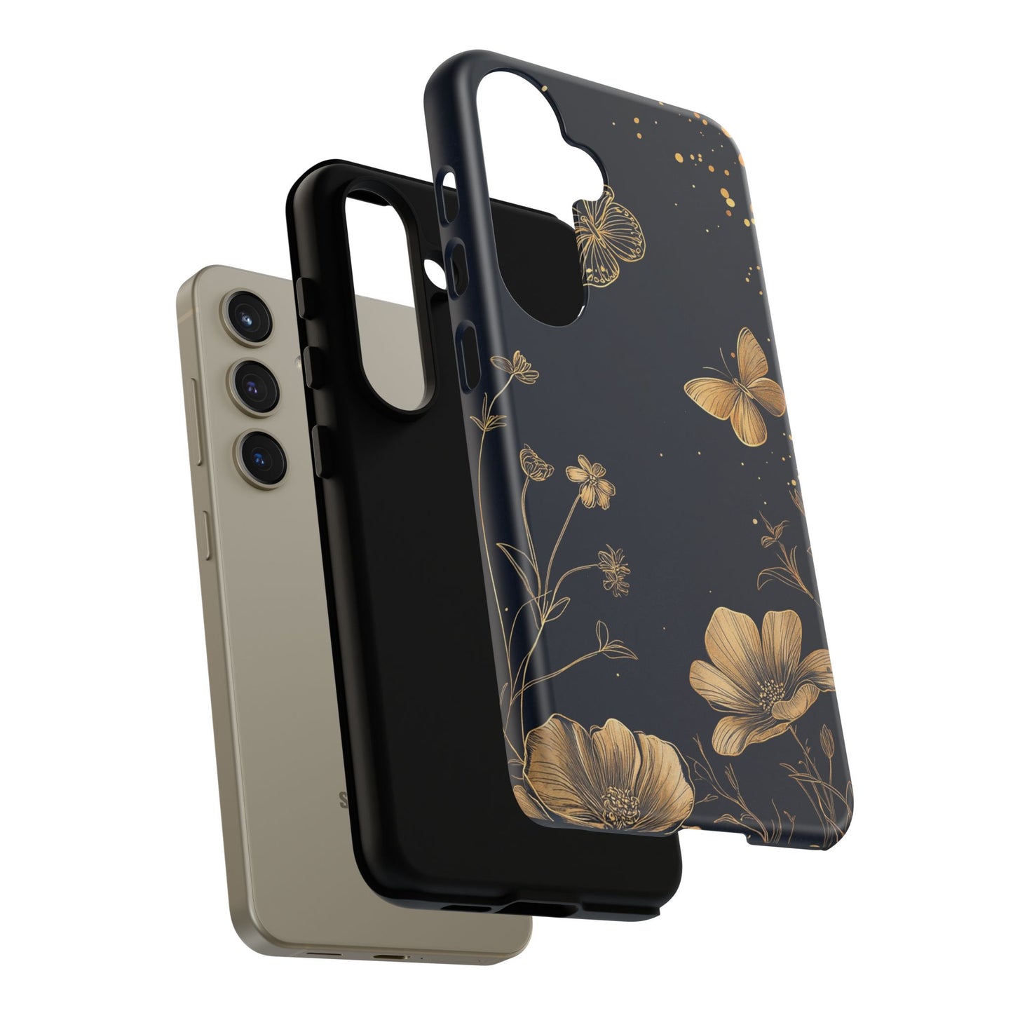 Gold Floral Butterfly Phone Case, Dark Aesthetic Botanical, Elegant Black Luxury iPhone Samsung Cover