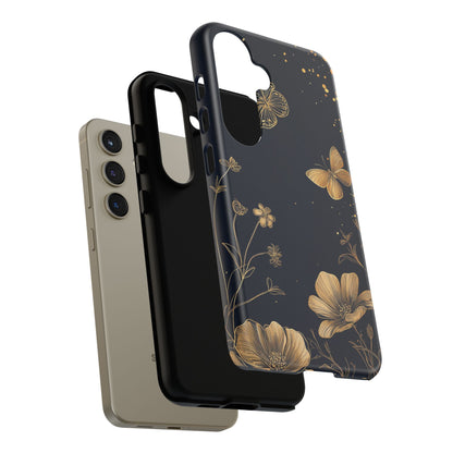 Gold Floral Butterfly Phone Case, Dark Aesthetic Botanical, Elegant Black Luxury iPhone Samsung Cover