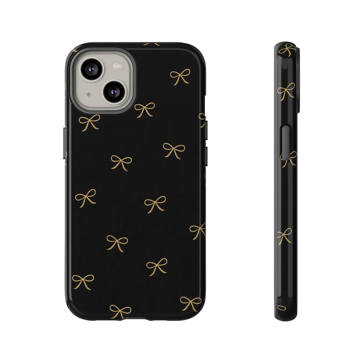 Black Phone Case with Gold Bow Pattern – Slim Protective Cute Aesthetic Cover for Iphone, Samsung Galaxy and Pixel