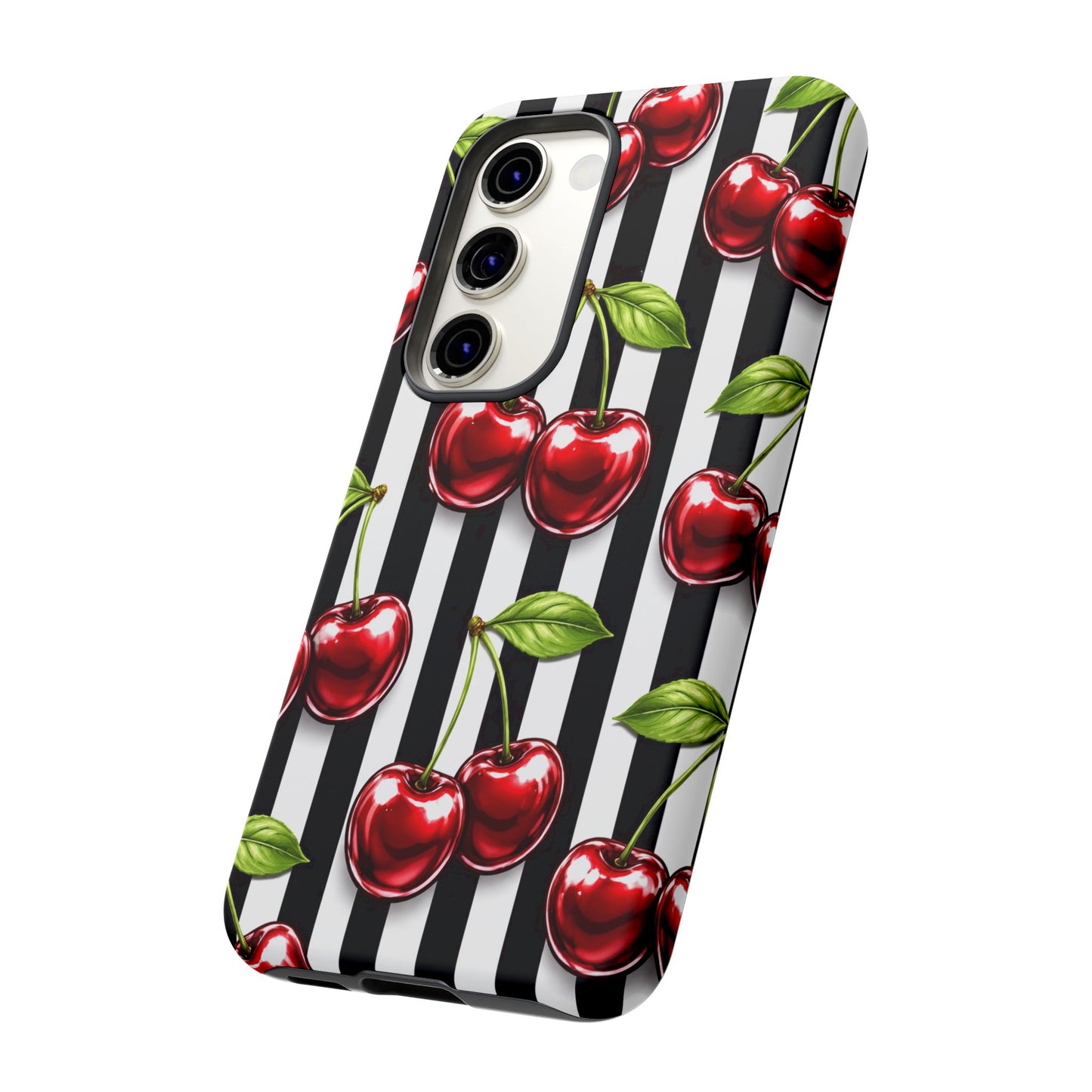 Cherry Pattern Phone Case Black White Stripe Retro Aesthetic Tough Cover