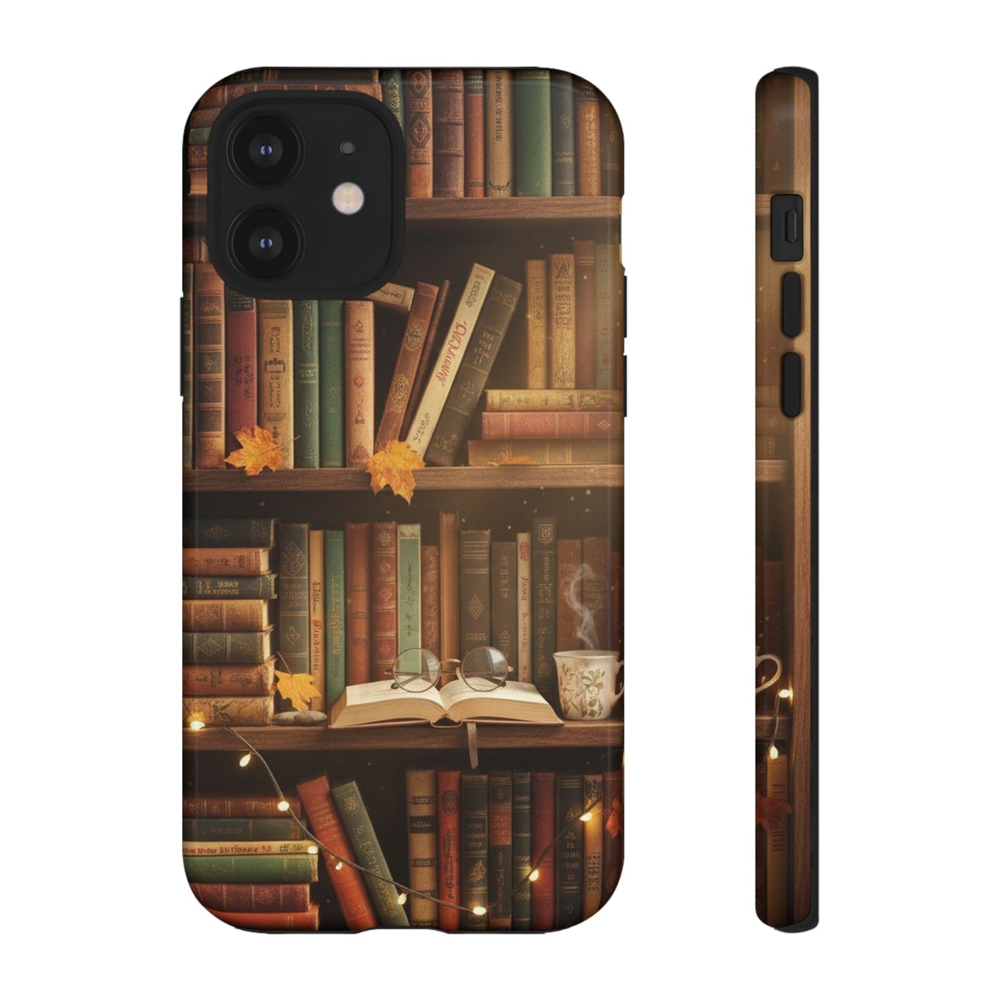 Cozy Vintage Bookshelf Phone Case, Library Aesthetic Book Stack, Autumn Coffee Vibes (iPhone, Samsung, Pixel)