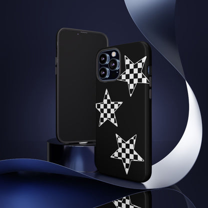 Checkered Star Tough Phone Case – Black Retro Graphic Protective Cover for Iphone, Samsung Galaxy and Pixel
