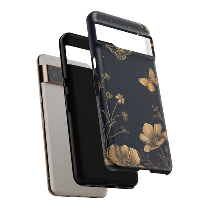Gold Floral Butterfly Phone Case, Dark Aesthetic Botanical, Elegant Black Luxury iPhone Samsung Cover
