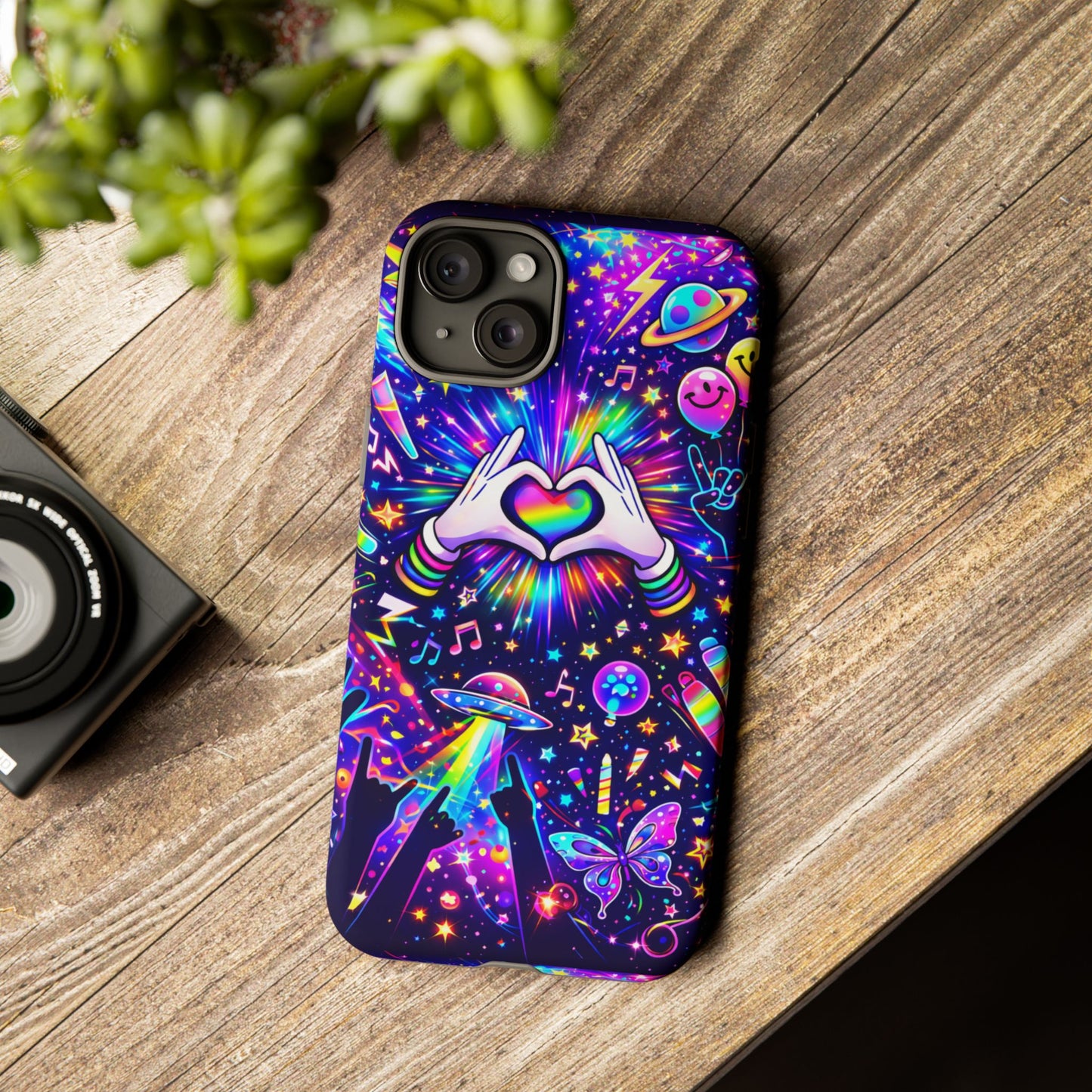 Rainbow Heart Hands Phone Case – Neon Galaxy EDM Festival Tough Cover