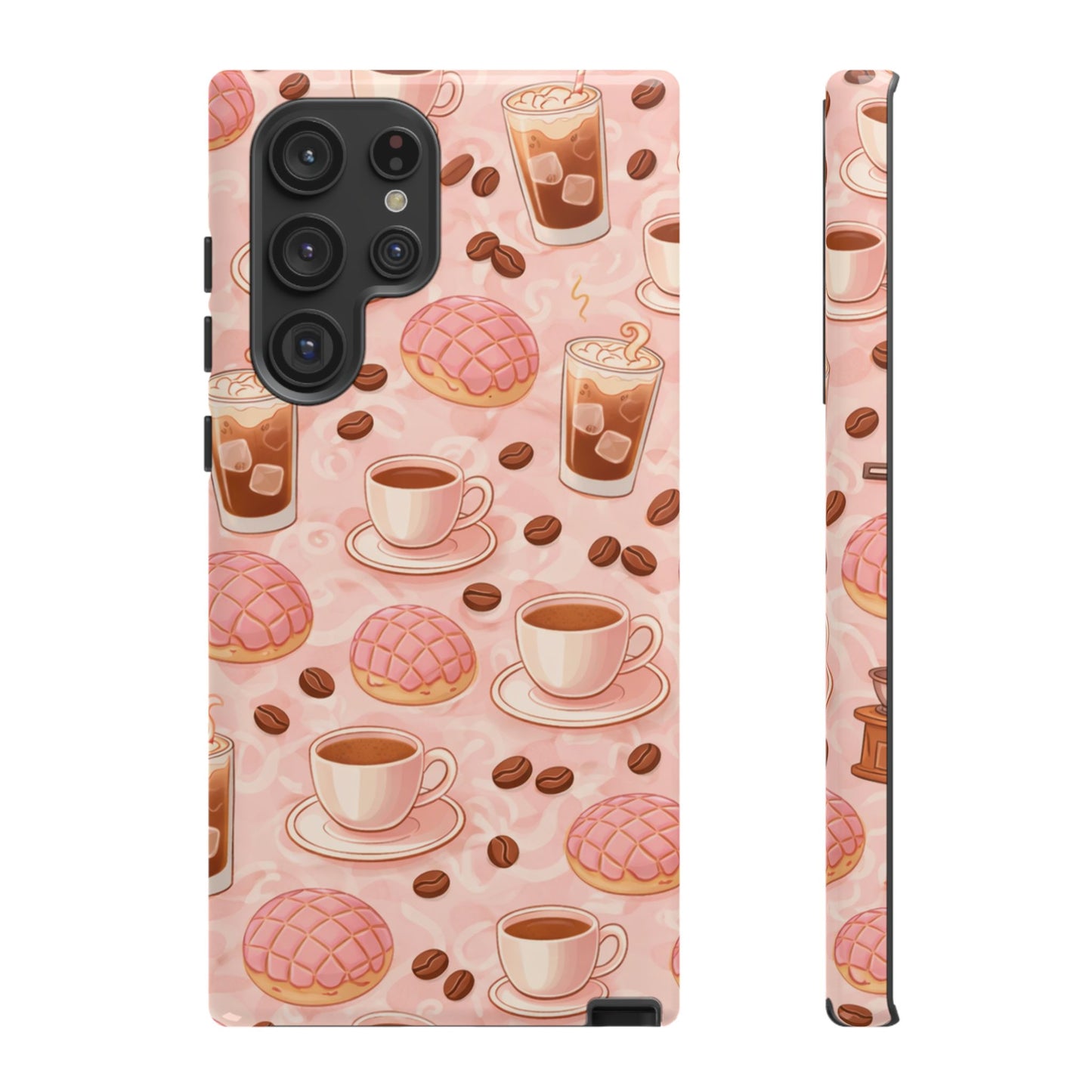 Cute Coffee & Pink Concha Phone Case – Coffee Lover Aesthetic Latte Pattern Tough Case