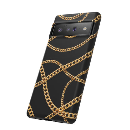 Luxury Gold Chain Phone Case – Black Designer Style Tough Protective Cover for Iphone, Samsung Galaxy and Pixel