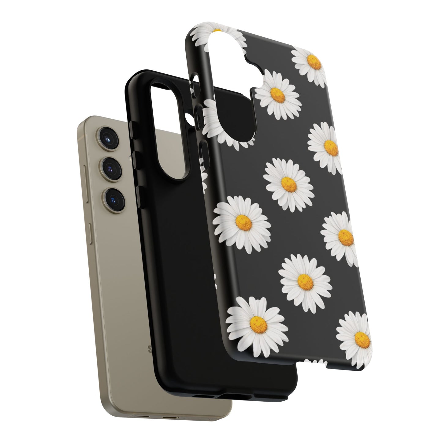 Black Daisy Floral Tough Phone Case – Cute Protective Cover for Iphone, Samsung Galaxy and Pixel