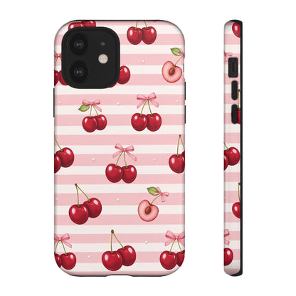 Coquette Cherry Bow Phone Case | Cute Pink Aesthetic Cherry Pattern Tough Case for iPhone & Samsung