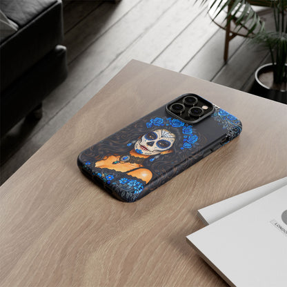Blue Sugar Skull Woman Phone Case – Day of the Dead Aesthetic Tough Cover
