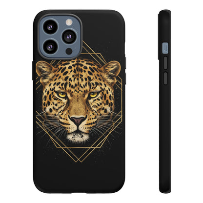 Leopard Head Geometric Phone Case – Black & Gold Luxe Tough Case