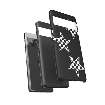 Checkered Star Tough Phone Case – Black Retro Graphic Protective Cover for Iphone, Samsung Galaxy and Pixel