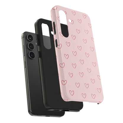 Pink Doodle Hearts Phone Case | Minimal Cute Heart Pattern Tough Case