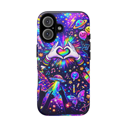 Rainbow Heart Hands Phone Case – Neon Galaxy EDM Festival Tough Cover