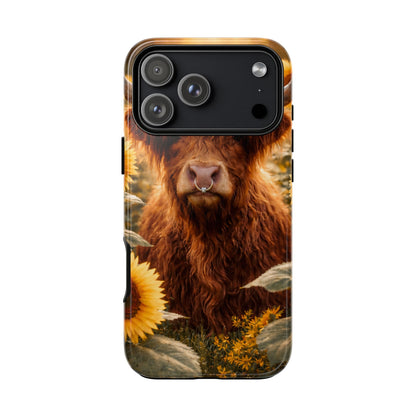 Highland Cow Sunflower Phone Case | Floral Farmhouse iPhone, Samsung Galaxy and Pixel Cover