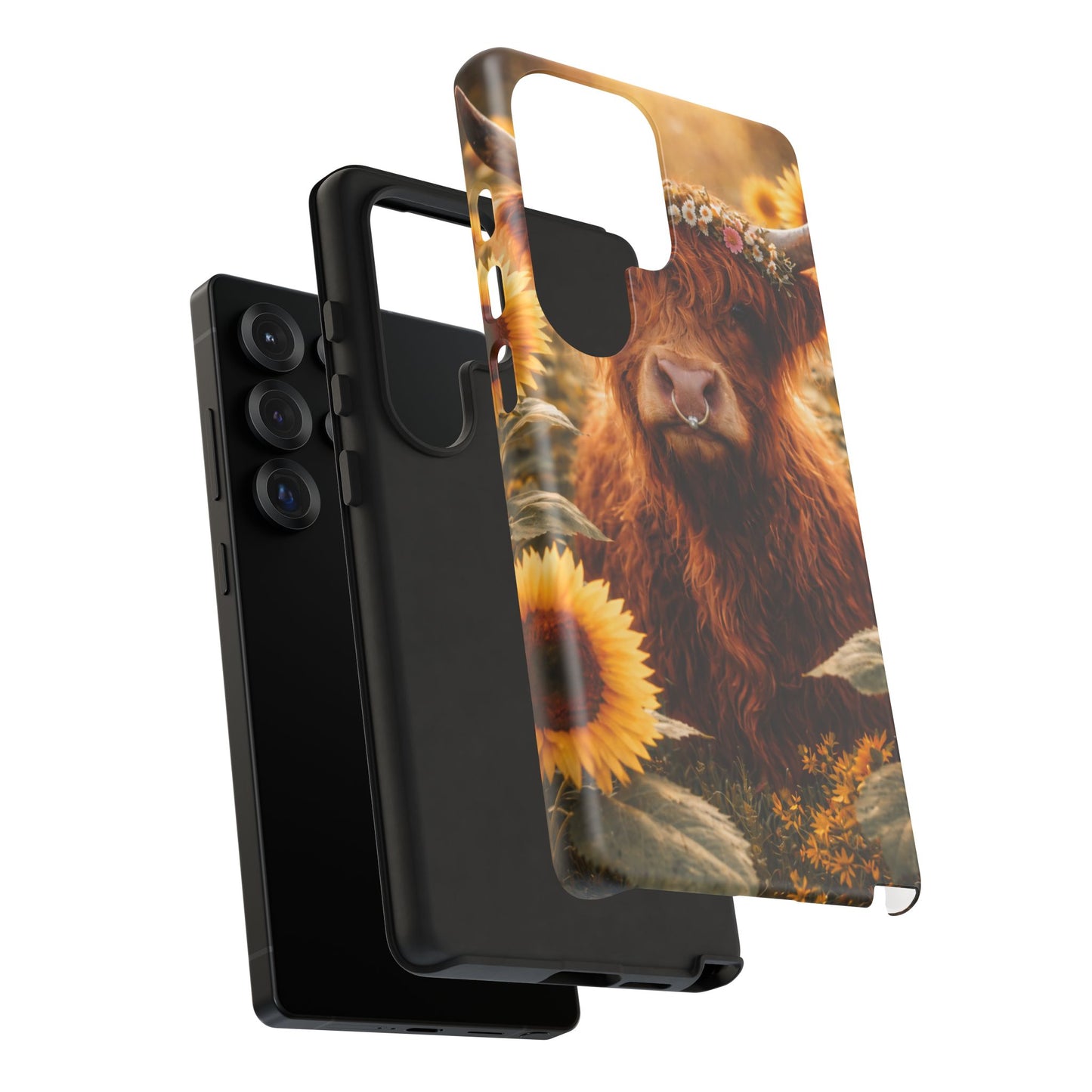 Highland Cow Sunflower Phone Case | Floral Farmhouse iPhone, Samsung Galaxy and Pixel Cover