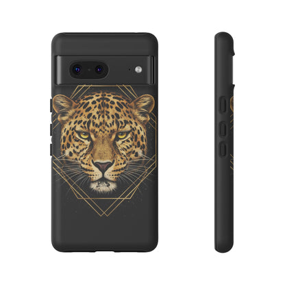 Leopard Head Geometric Phone Case – Black & Gold Luxe Tough Case