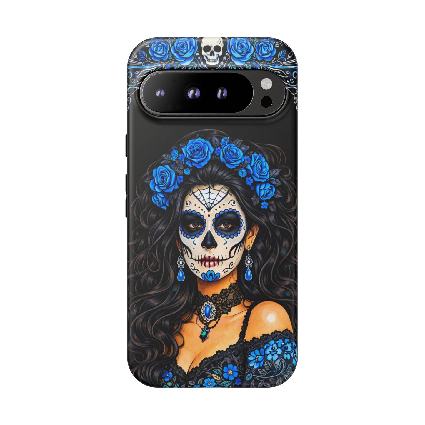 Blue Sugar Skull Woman Phone Case – Day of the Dead Aesthetic Tough Cover