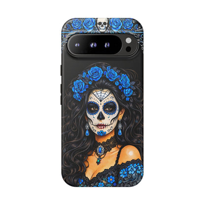 Blue Sugar Skull Woman Phone Case – Day of the Dead Aesthetic Tough Cover