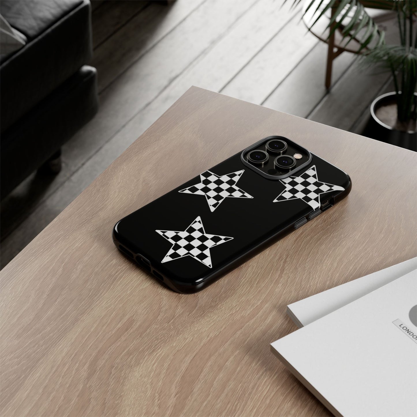 Checkered Star Tough Phone Case – Black Retro Graphic Protective Cover for Iphone, Samsung Galaxy and Pixel