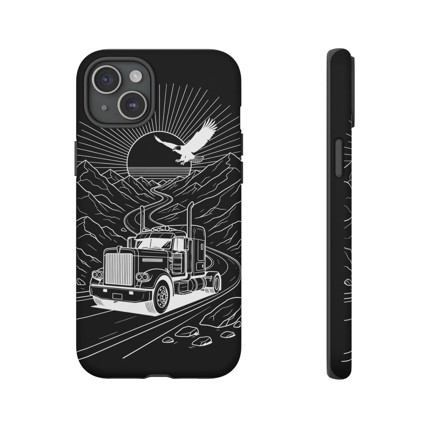 Trucker Highway Phone Case | Eagle & Mountain Line Art | Black Western Tough Case