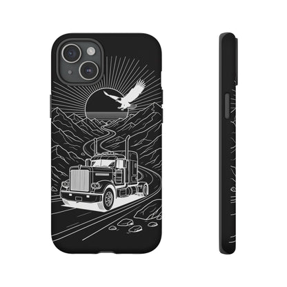Trucker Highway Phone Case | Eagle & Mountain Line Art | Black Western Tough Case