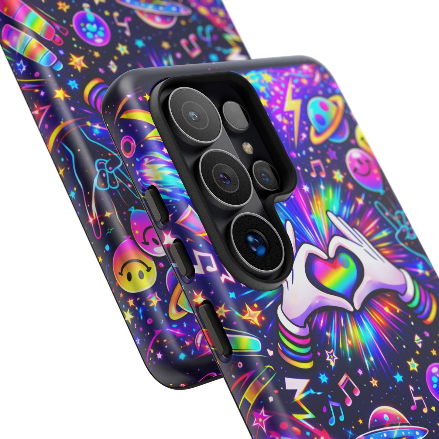 Rainbow Heart Hands Phone Case – Neon Galaxy EDM Festival Tough Cover