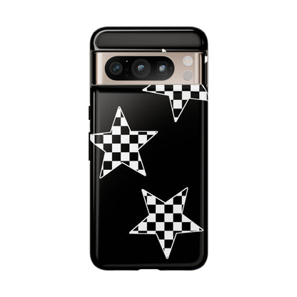 Checkered Star Tough Phone Case – Black Retro Graphic Protective Cover for Iphone, Samsung Galaxy and Pixel