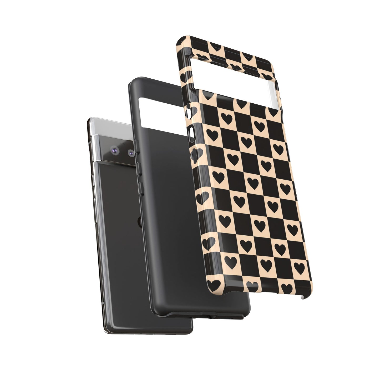 Checkerboard Heart Phone Case – Black & Beige Cute Aesthetic Protective Cover for Iphone, Samsung Galaxy and Pixel