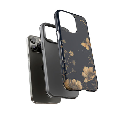 Gold Floral Butterfly Phone Case, Dark Aesthetic Botanical, Elegant Black Luxury iPhone Samsung Cover