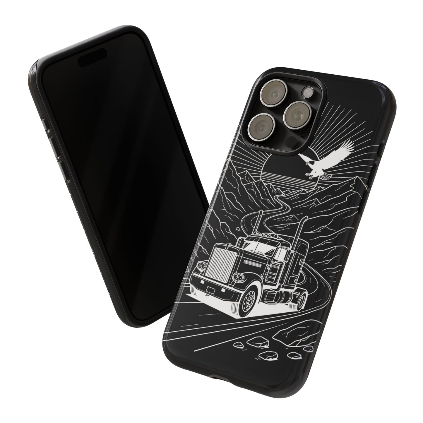 Trucker Highway Phone Case | Eagle & Mountain Line Art | Black Western Tough Case