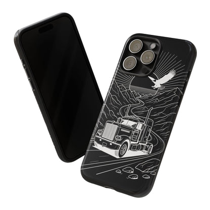 Trucker Highway Phone Case | Eagle & Mountain Line Art | Black Western Tough Case
